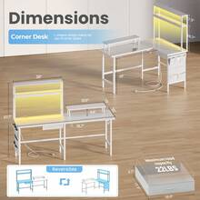 HLDIRECT L Shaped Desk With LED Light & Power Outlet, 59/63 Inch Reversible Corner Gaming Desk With Storage Shelves & Drawer, Computer Table With Monitor Stand For Home Office, Work & Study, White - 白色 - 查看 8