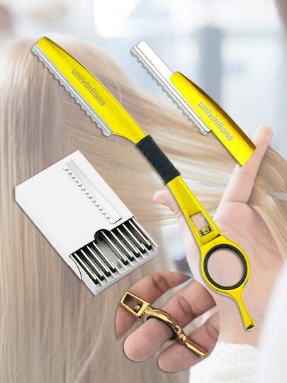 univinlions 7" 1 Rotary Thinning Razor+10 Replaceable Blades Safey Razor Straight Salon Hairdresser Razor Hair Cutter Swivel Barber Cutting Shears Knife Thinner Hairdressing Scissors