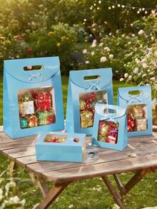 8个白色牛皮纸袋，带透明窗口，直立礼品袋，散装，带手柄，纸质礼品袋，白色购物袋，蝴蝶结礼品包装袋，适用于婚礼、新娘送礼会、生日、节日、圣诞派对、零售店，棕色