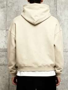 男士休闲运动卫衣 - 纯色，长袖，针织面料，H型版型，适合徒步旅行和户外活动，涤纶材质，圆领，秋冬运动上衣 - 卡其色 - 查看 3