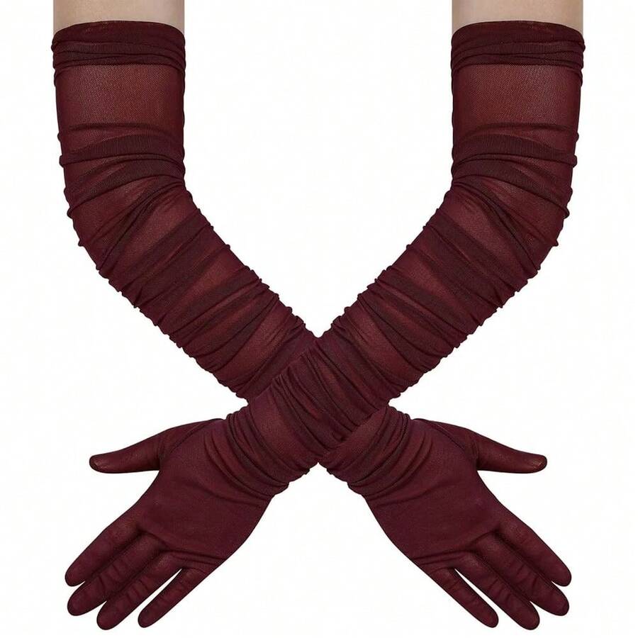 Hazhlko Women's Super Long Stretchy Ruched Mesh Tulle Sheer Gloves Costume Opera Party 1920's Dance Gloves{"Color_name":"Burgundy"} - 酒紅色 - 查看 1
