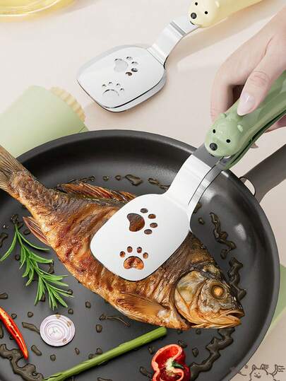 1pc Minimalist Cute Cream Bear Shaped Stainless Steel Fish Clip, Dual-Use As Clamp And Spatula, Portable Kitchen Utensil