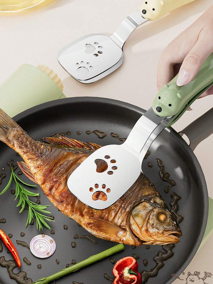 1pc Minimalist Cute Cream Bear Shaped Stainless Steel Fish Clip, Dual-Use As Clamp And Spatula, Portable Kitchen Utensil