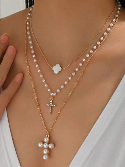 طقم قلادة بسيطة بتعليقة صليب من البلور واللؤلؤ، قلادة متعددة الطبقات مصنوعة يدويًا، قلادة لؤلؤ بسيطة للنساء، قلادة صليب، هدية بسيطة، مناسبة للارتداء اليومي