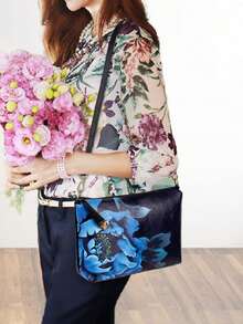 Complete Handbag Set For Women Floral Print Tote Bags PU Leather Top Handle Satchel For Mom - 黑色 - 查看 2