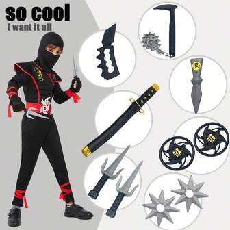 武器套装，塑料材质，包含手里剑、匕首、剑，适合角色扮演、化装舞会、聚会等场合。