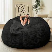 Bean Bag Chair Cover(No Filler) Soft Faux Fur Stuffed Animal Bean Bag Storage, Fluffy Plush Bean Bag Chair Cover Washable, Comfy Bean Bag Chairs For Adults - 黑色 - 查看 7
