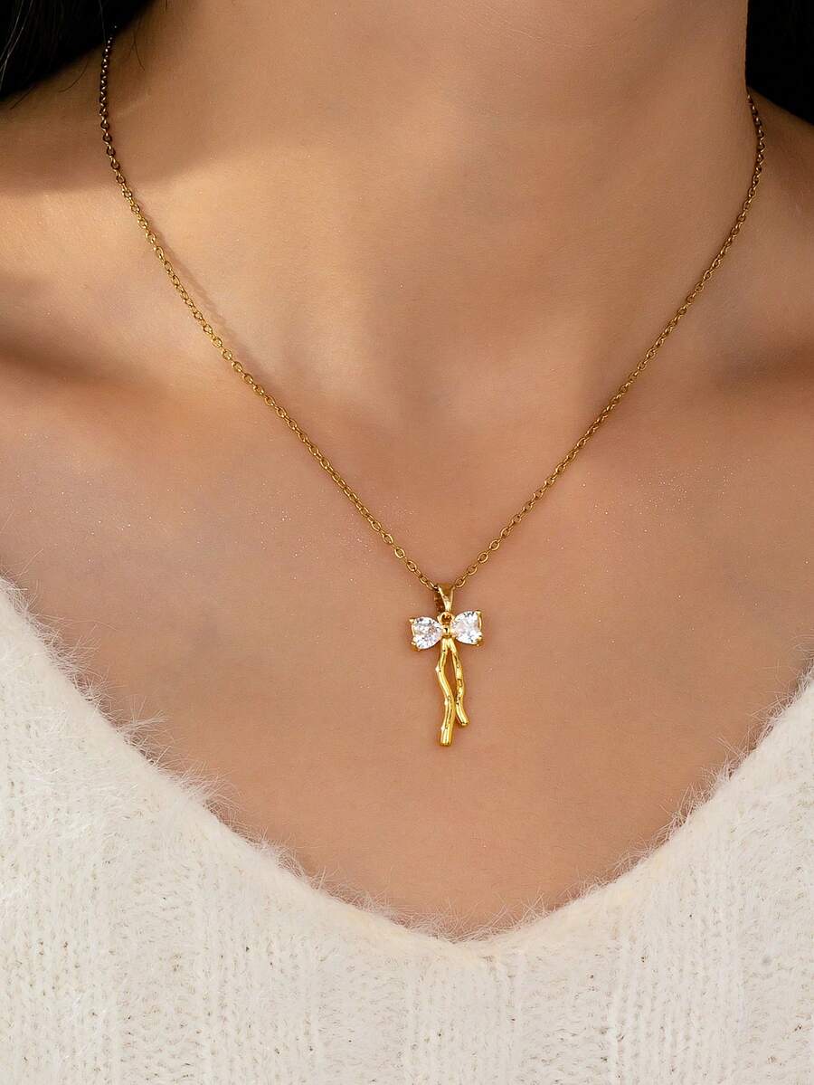 1pc 18K Gold Plated Stainless Steel Bow Pendant Necklace, Women's Fashion Bow Jewelry, Waterproof Stainless Steel Accessory - Bow Pendant Necklace - View 1