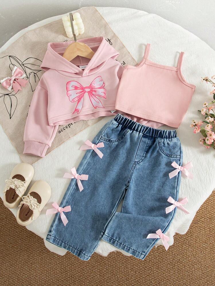 3pcs/Set Baby Girls' Casual American Style Pink Bow Print Hoodie Sweatshirt, Solid Color Camisole, And Bowknot Straight Leg Jeans, Autumn/Winter - Pink - View 1