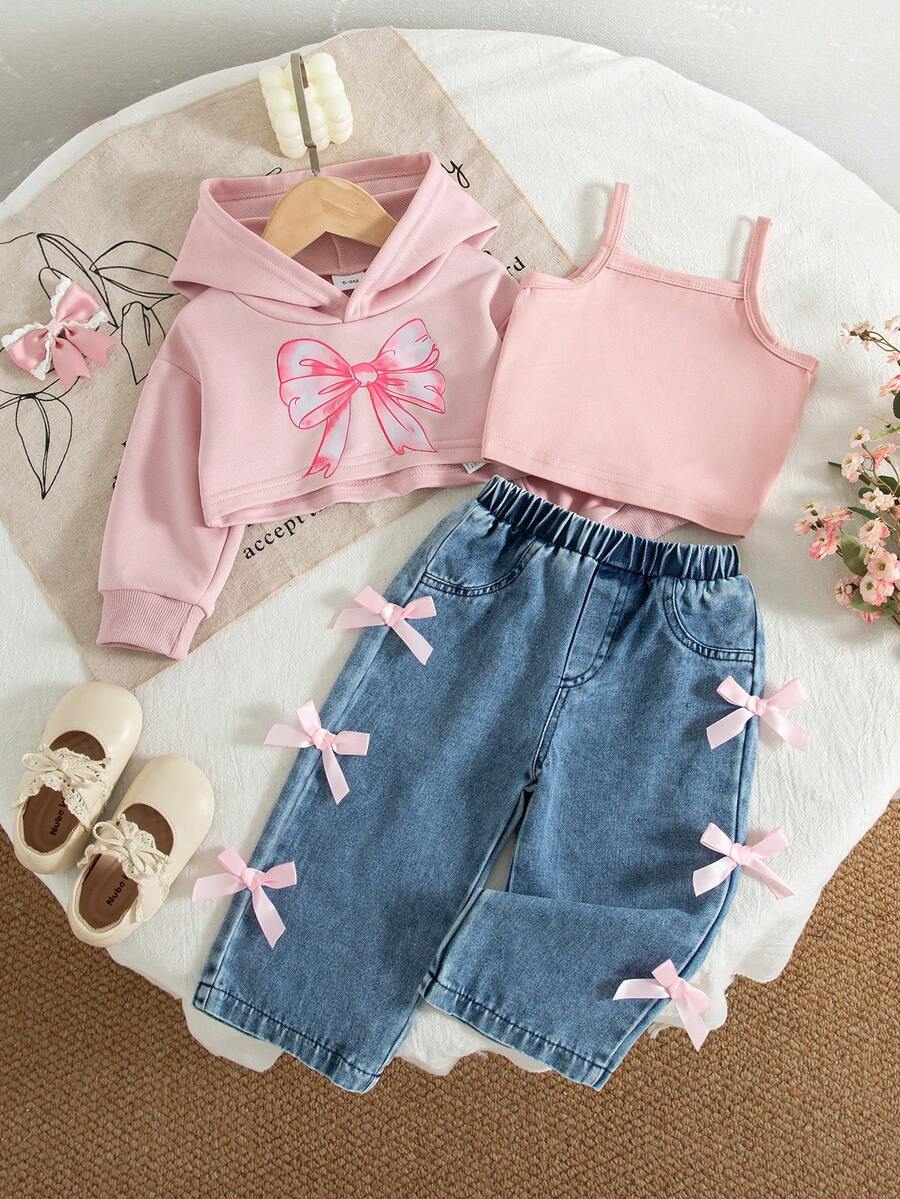 3pcs/Set Baby Girls' Casual American Style Pink Bow Print Hoodie Sweatshirt, Solid Color Camisole, And Bowknot Straight Leg Jeans, Autumn/Winter