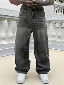 Loose Fit Men's Cotton Jeans With Slant Pockets Baggy Long Washed Skater Jean Cargo Plain Light Blue Going Out Y2K Friends - Grey - View 4