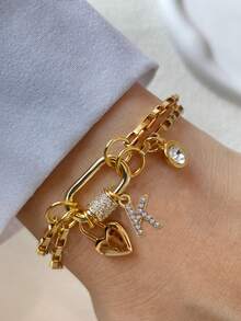 1pc STYLEVER Gold-Color A-Z Letter Bracelet, Screw Clasp Chain, Minimalist Rhinestone Letter Pendant, Stainless Steel Chain, Unique Charm Bracelet, Suitable For Daily, Party, Banquet Decoration - Yellow Gold - View 12