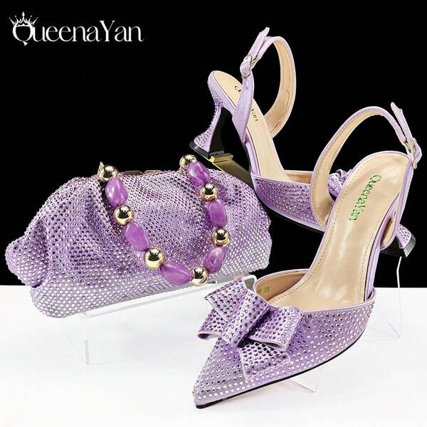Conjunto de Sapatos e Bolsa Feminina QueenYan, Ponta Fina, Decoração de Ombré com Strass, Bolsa Nuvem Macia, Alça de Corrente de Pérolas Elegante, Clutch Confortável, Sapatos de Salto Alto Confortáveis