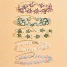 Stacked Pink Lace Trim Embroidered Choker Necklace Set Ins Design Sense Flower Collarbone Chain For Women Daily Wear, Date Out Style, Easily Enhance Girlish Look - YR4142-3 - 查看 5