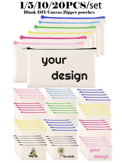 1/5/10/20/50pcs Blank Canvas Bag With Zipper, Multi Color Makeup Canvas Bag Cosmetic Bags Blank Pencil Case For School Travel DIY Accessories Storage Bag,Gift Bag,DIY Bag