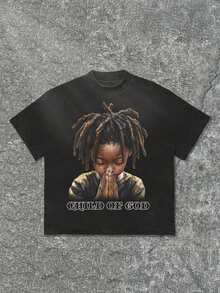 Praying Child Of God(230 Pure Cotton T-Shirt)Y2K Graphic Tees Men Men's Round Neck Short-Sleeved Cotton Casual T-Shirt, Loose Style, Versatile, Unisex, Suitable For Holiday Trave - 黑色 - 查看 1