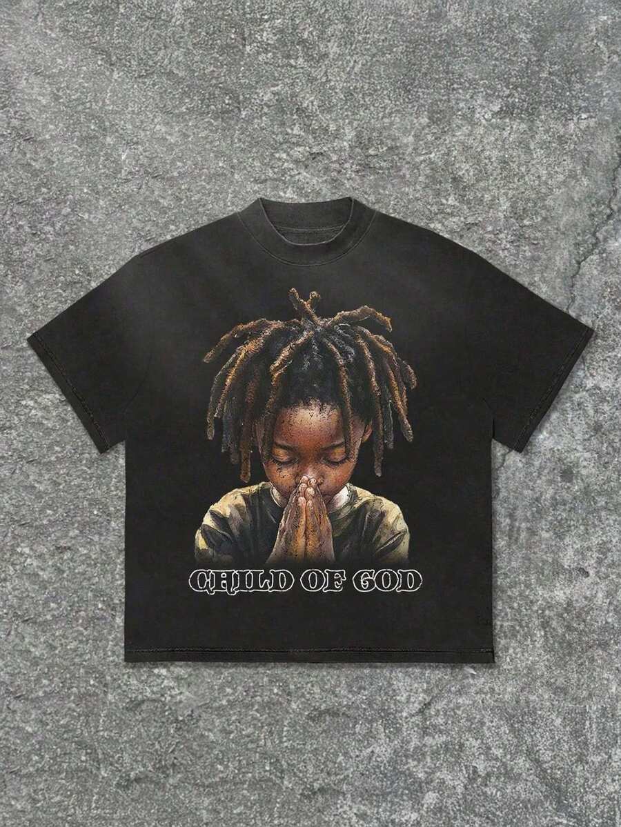 Praying Child Of God(230 Pure Cotton T-Shirt)Y2K Graphic Tees Men Men's Round Neck Short-Sleeved Cotton Casual T-Shirt, Loose Style, Versatile, Unisex, Suitable For Holiday Trave - 黑色 - 查看 1