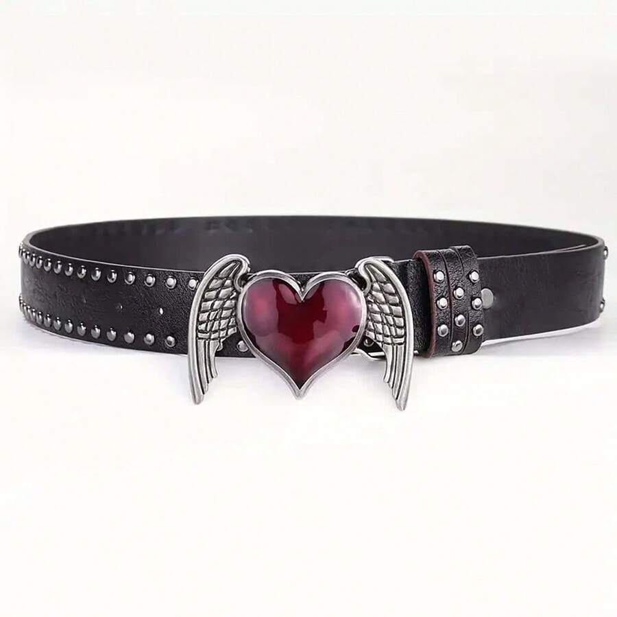 1PC Pink Heart-Shaped Wing Punk Belt For Women, Jeans And Accessories,  And Versatile Belt - Black - View 1
