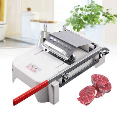 Silver/White Manual Frozen Meat Slicer - 430 Stainless Steel/ABS Countertop Slicer. 16.93*6.69in Slicer With 7.87in Blade (0.25-25mm Cutting Thickness). Slicer With Sawtooth Press Cover & Ergonomic Handle. Manual Slicer For Frozen Meat, Ham, Hard Vegetables. Detachable Easy-Clean Frozen Meat Slicer