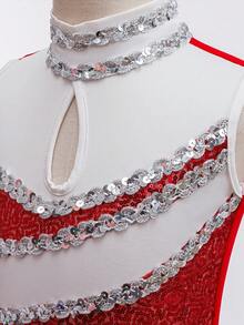 女童无袖撞色串珠蕾丝牛奶丝优雅舞会礼服，适合训练、学校活动 - 彩色 - 查看 7