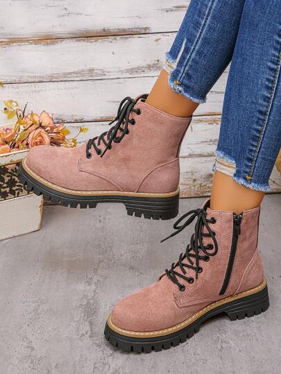 Women's Fashion Boots, Solid Color Western Style Sports Outdoor Fabric Metal Eyelet Lace-Up Side Zipper Mid-Calf Boots, Slip-On, Indoor & Outdoor Ankle Boots, Women's Ankle Boots, Women's Shoes, Winter Boots, Women's Shoes, New Shoes, Ankle Boots, Women's Shoes, Heeled Boots, Black Boots, Women's Chelsea Boots