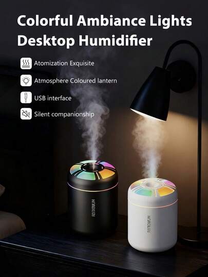 1 Pc Mini Color Light Humidifier, Black And White Color, 2 Working Modes, With Romantic Color Atmosphere Night Light, Aroma Diffuser 180ml, Silent Humidifier For Home Bedroom And Office Atmosphere Light, USB Power Supply