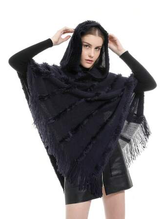 1pc Women Hooded Poncho Sweater, Solid Color Knitted Pullover Cloak Shawl For Autumn/Winter