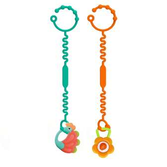 2条可调节硅胶玩具挂带，适用于婴儿车、餐椅、汽车安全座椅、婴儿床，可用于悬挂玩具、奶瓶、杯子、奶嘴等。