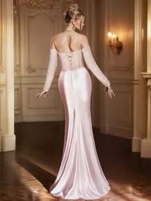 VIPGIRL New Elegant Romantic High-End Design Formal Evening Gown Dress For Women, With Pink Sequin Bust And Waist Ruffle Details - Pink - View 2