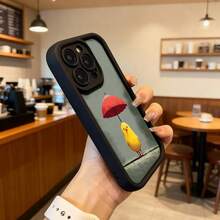 Phone Case With Black Border, Light Green, Yellow Chick Design With Red Umbrella In The Rain, Ideal For Daily Use In Cafes And Urban Spaces Suitable For Apple Series Phones - Black - View 6