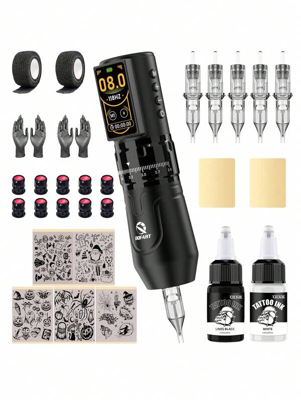 DQFART Kabelloses Tattoo-Pistolen-Set mit LED-Anzeige, 2400mAh Stromversorgung, 7 Hubhöhen, All-in-One Tattoo-Maschinen-Stift, komplettes Tattoo-Set, Tattoo-Zubehör geeignet für Anfänger und Tattoo-Künstler, mit Tattoo-Nadeln, Tattoo-Tinte und einer Vielzahl an Tattoo-Accessoires