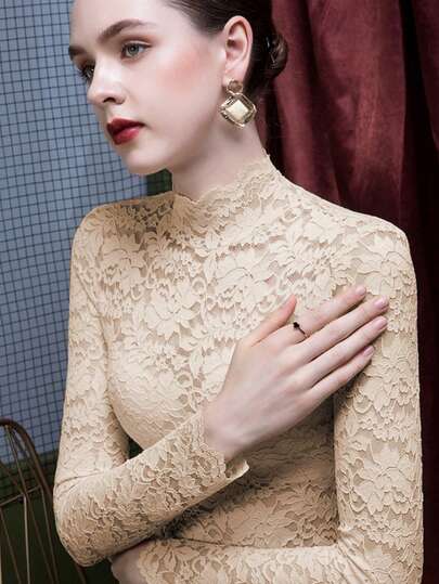 Sexy Lace Stand Collar Fitted Long Sleeve Undershirt, Stylish & Fashionable Women's Apparel 2024