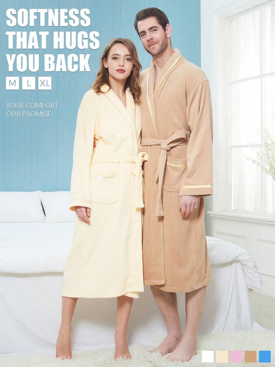 Cotton Terry Bathrobe With Signature Accent Edging Halloween, Knee-Length Absorbent Quick-Dry Plush Robe, Christmas, Autumn Spa Luxury Hotel Style Post-Shower Robe With Belt And Deep Pockets - Cà phê nâu - Xem 1