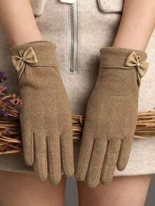 1 par de guantes cálidos con decoración de lazo, compatibles con pantalla táctil, versátiles, de poliéster, para otoño/invierno