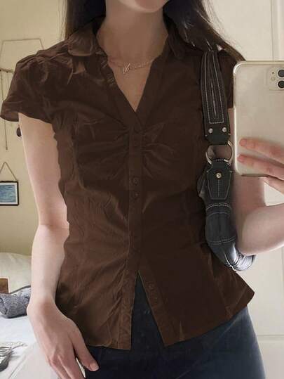 Sunny Girly Christmas Fall Clothes For Women Y2K College Style Graduation Season Button Design Lapel Casual Cute Pleated Slim Short-Sleeved Shirt Brown Tops