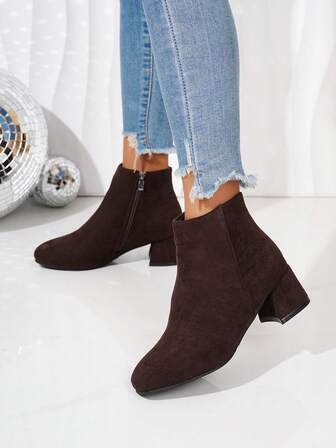 Fall/Winter Women's Fashion Suede Minimalist High-End Versatile Square Toe Block Heel Short Boots, Black & Brown