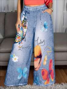 Women's Casual Imitation Denim Print Pocket Straight Pants Casual Fashion Women's Four Seasons Pants Abstract Watercolor Butterfly Pattern
