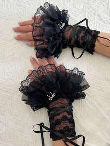 1 Pair Women's Spring/Summer Lolita Style Ruched Edge Lace Cuffs, Sweet Ballerina Fashion Elegant Vintage Sexy Ribbon Cuff Sleeves' - Black - View 3