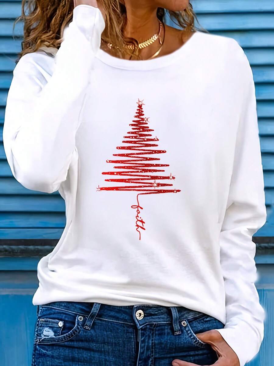 Gradient Red Shiny Christmas Tree Fusion Faith Letter Print Casual Comfortable Versatile Long Sleeve T-Shirt Suitable For Travel Vacation Leisure Sports Daily Commute - Casual T-Shirts 2026 - Vacation Outfits Women - Spring Tops - 白色 - 查看 1