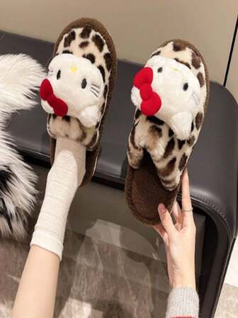 Sanrio 1 双 Kitty 拖鞋，豹纹，毛绒，室内，冬季超厚保暖，防滑，批发棉拖鞋，可爱拖鞋女士 Hello Kitty 拖鞋家居鞋圣诞拖鞋