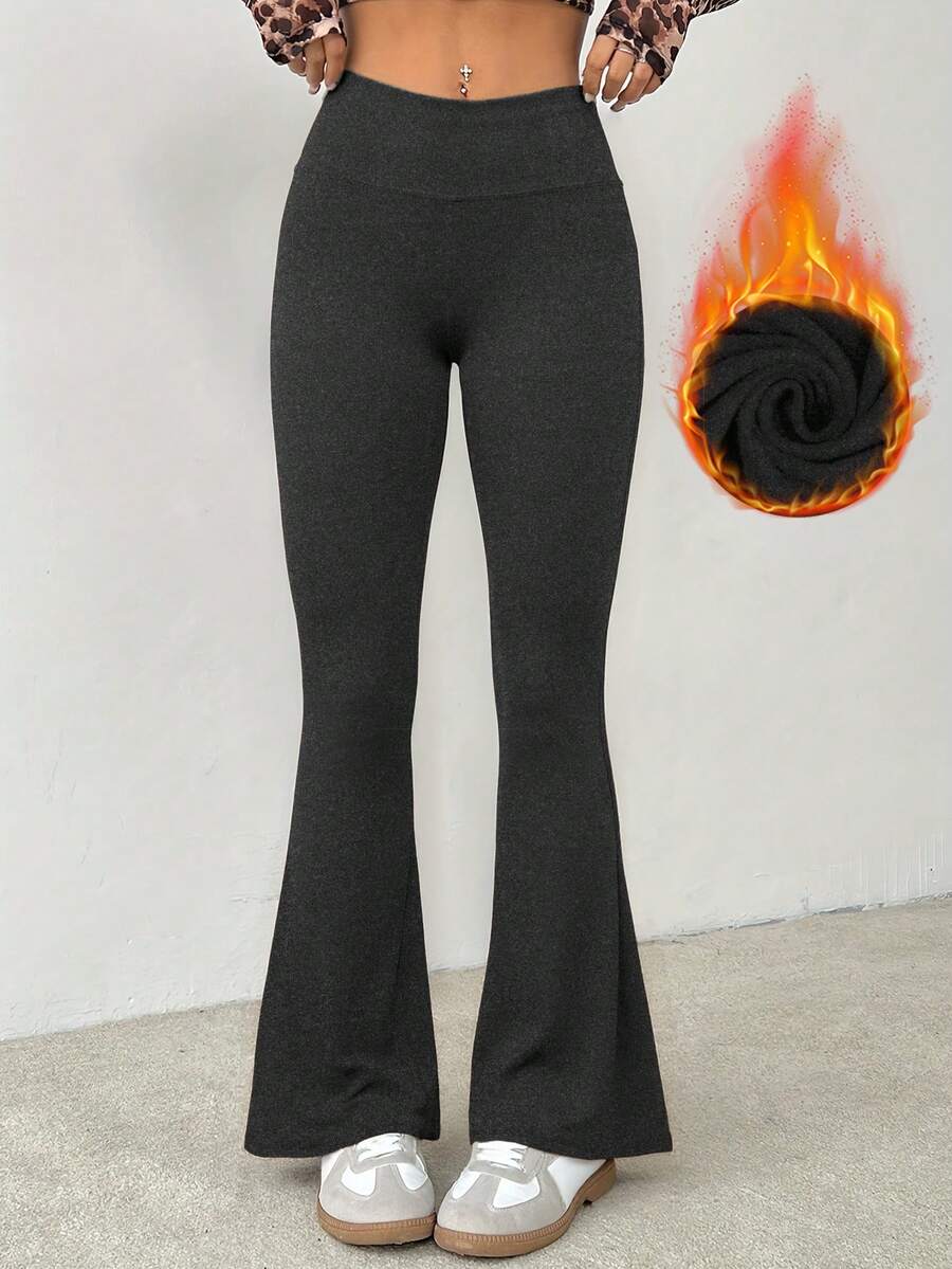 Pantalones de mujer de cintura alta, ajuste delgado, cintura elástica y pierna acampanada - Gris Oscuro - Ver 1