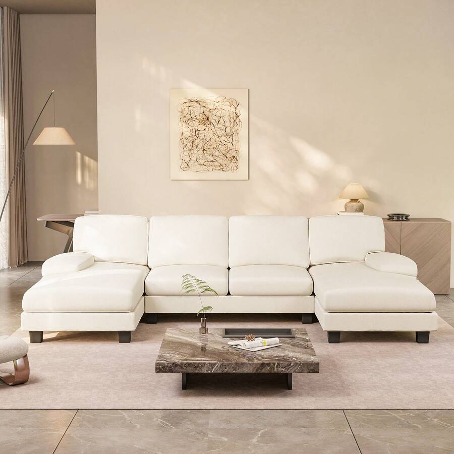 Sectional Couches For Living Room, U Shaped Couch With Chenille Fabric, 4 Seat Modern Sofa With Double Chaise For Apartment And Small Space - 白色 - 查看 1