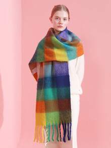 1pc Fashionable Plaid Scarf In Macaron Colors, Warm And Comfortable Faux Cashmere Scarf For Women, Suitable For Daily, Commuting, Outdoor, Home Leisure, Travel, Holiday Gifts, Accessory