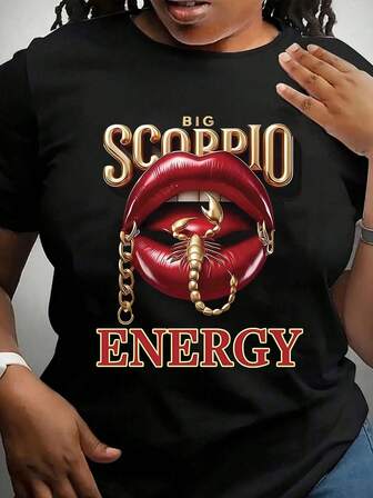 Plus Size Women's Summer "Big Scorpio Energy" Text With Red Lips, Scorpion And Chain Patterns T-Shirt