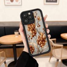 Phone Case With Black Border And Gold Floral Design, Dried Flower Print On A Light Gray Background, Ideal For Daily Use In Cafes And Elegant Urban Spaces Suitable For Apple Series Phones - Black - View 2