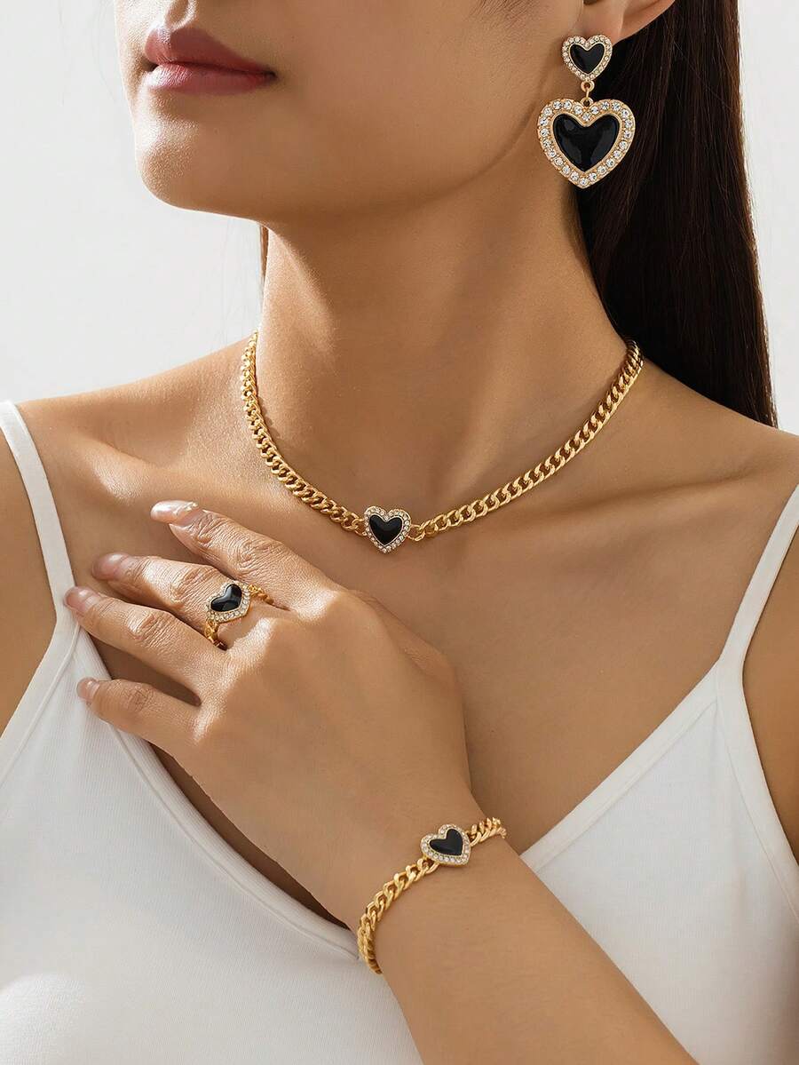 Bộ 3 chiếc/Bộ dây chuyền, vòng tay, nhẫn mặt đá pha lê hình trái tim bằng kim loại vàng thời trang & thanh lịch, phù hợp cho trang phục hàng ngày, tiệc tùng, ngày lễ và làm quà tặng cho phụ nữ - màu đen - Xem 1
