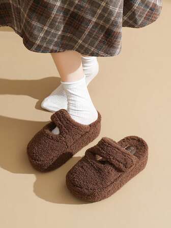 Damtofflor med tjock sula, moderiktiga varma, halkfria, öppen tå, justerbara slip-on-slip-on-tofflor, 7 cm ökad höjd, enfärgade inomhus- och utomhuskläder för vintern