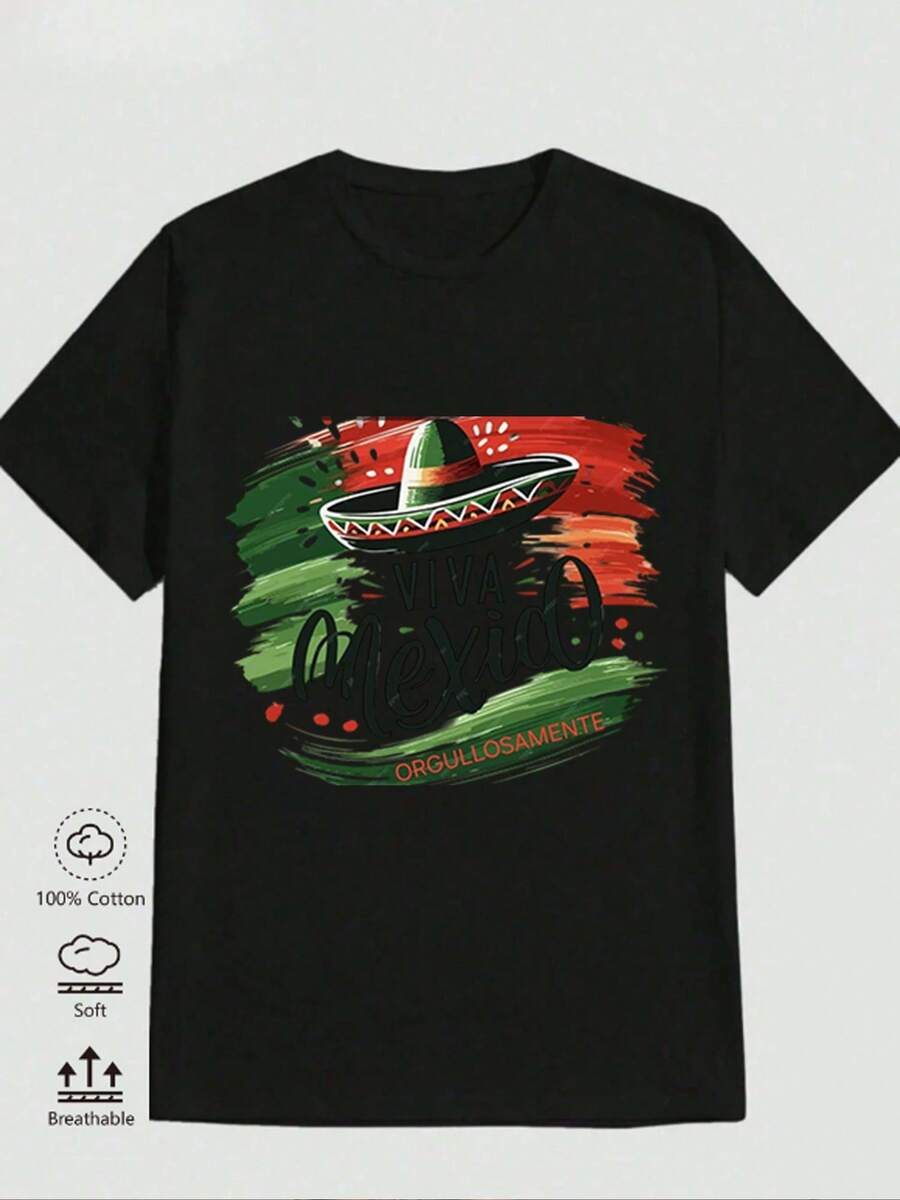 1 Camiseta Para Hombre, Camiseta Para Hombre, Pantalón Para Hombre, Viva México 180G Negro Y Blanco, Camiseta Con Sombrero Mexicano Y Estampado De Texto, De Alta Calidad, Cuello Redondo, Ajuste Básico Holgado, Transpirable, Versátil, Lavable En Máquina, Cómodo, Talla S ~ 3XL, Esencial Deportivo Casual Diario Para El Verano. - Oscuro - Ver 1