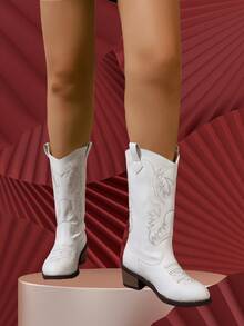 New Women's Embroidered Leather White Western Boots, Pointed ToeThick Heel High Heel Sleeve Mid-Calf Boots, Outdoor Leisure FashionBoots - White - View 2