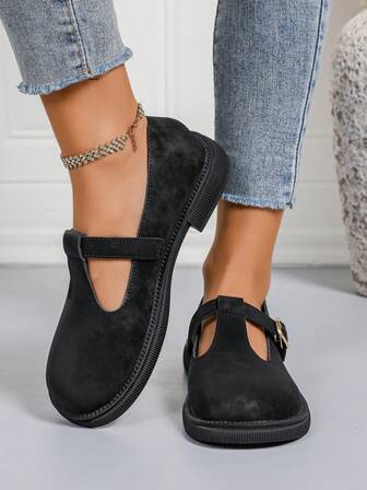 Women's New Lolita Fashion Black Leather Mary Jane Shoes, French British Style, Buckle Design, Round Toe, Non-Slip Sole, Loafers, New College Style Business Formal Commuter Flat Shoes